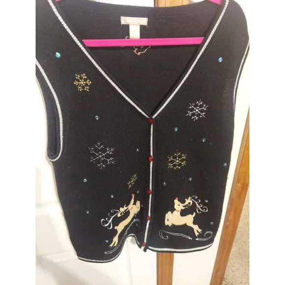 White Stag Ugly Christmas Sweater Vest Reindeer Snowflakes Size‎ 12/14 L Black - Picture 5 of 8